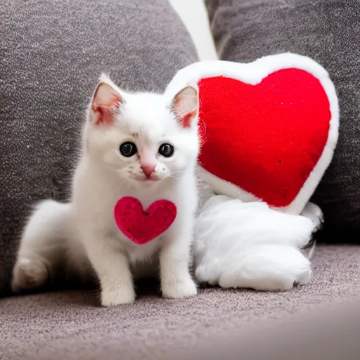 Image similar to A cute little kitten sits on the top of a plush heart-shaped pillow near fireplace, Canon EOS R3, f/1.4, ISO 200, 1/160s, 8K, RAW, unedited, symmetrical balance, in-frame
