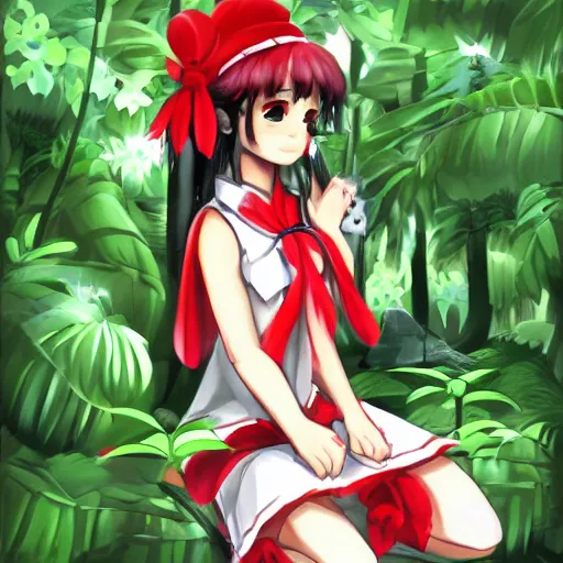 Image similar to a painttoolsai of reimu in the jungle wearing bonnet