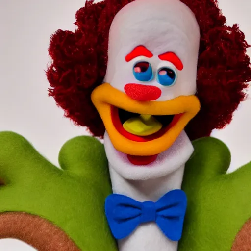 Prompt: krusty the clown as a muppet. highly detailed felt. hyper real photo. 4 k.