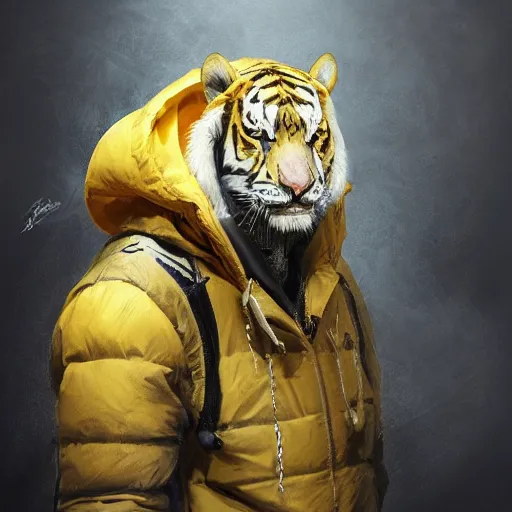 Image similar to a beautfiul award winning aesthetic commission of an antrho albino tiger wearing a yellow-black padded hooded puffer jacket,digital art,art by greg rutkowski,character design by charles bowater,ross tran,photorealistic,detailed face,hyperdetailed,western comic,2021,artstation,deviantart