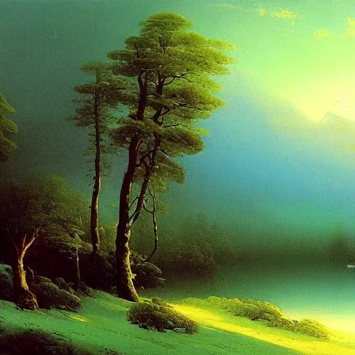 Image similar to aivazovsky's painting. forest landscape. oil on canvas, a masterpiece in the style of aivazovsky.