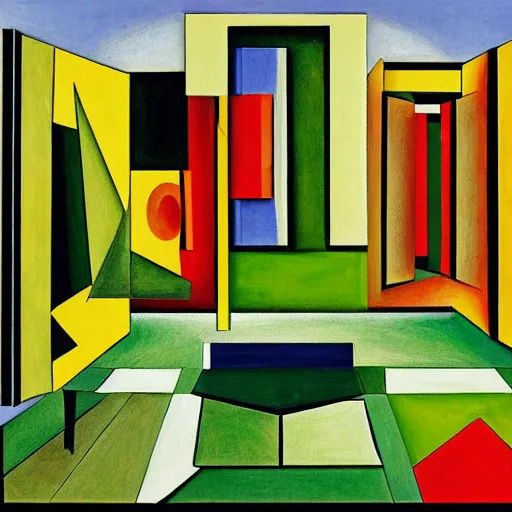 Prompt: a large room with a green lawn in the middle of it, a cubist painting by gilberto soren zaragoza, cg society, modernism, symmetrical, cubism, windows vista