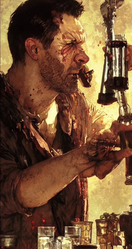 Image similar to close up of bloodied max payne pouring a drink, sun shining, photo realistic illustration by greg rutkowski, thomas kindkade, alphonse mucha, loish, norman rockwell.