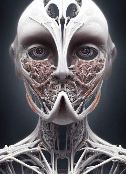 Prompt: portrait of a fractal cyborg assembled from many biomechanical parts by Artgerm, hyper detailled, fog, cinematic lighting, trending on artstation