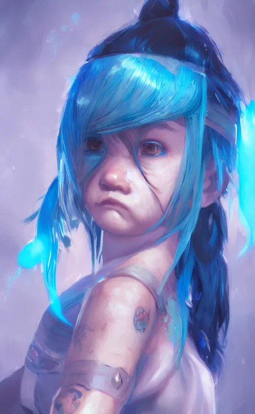 Image similar to little angry girl with blue hair, warrior dress, by wlop and Ross Tran and sam yang and mandy jurgens and viktoria gavrilenko, featured on artstation, cinematic lighting, hyperdetailed, cgsociety, 8k