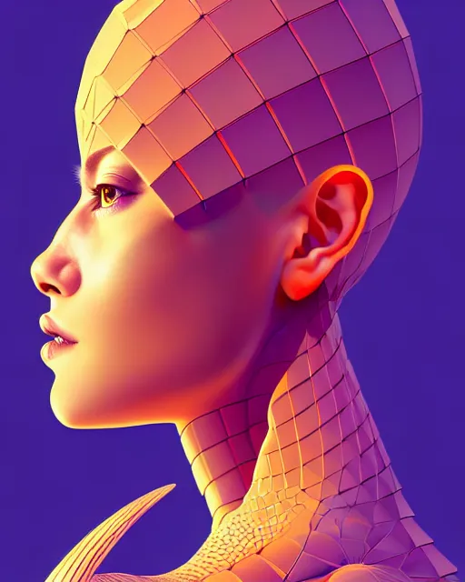 Image similar to ultra detailed, beautiful female android with human hair, side portrait, sharp focus, highly detailed vfx portrait, geometric shapes, global illumination, by moebius!! and james jean and victo ngai and tristan eaton. detailed, vector art, digital illustration, concept art. 8 k, hdr, fractal