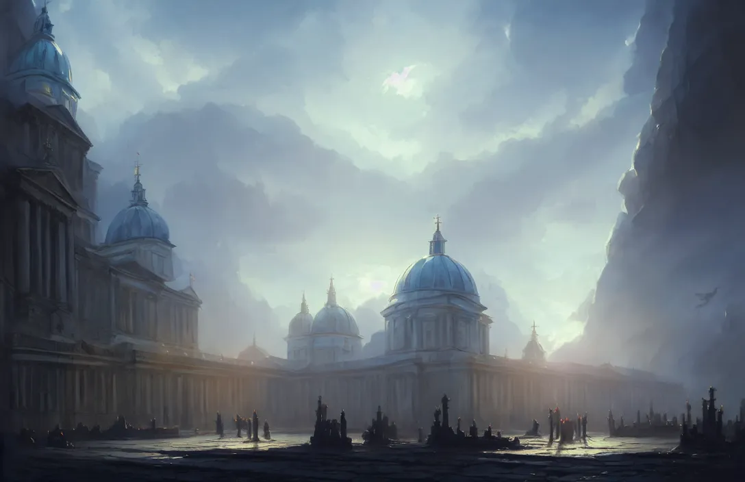 Prompt: royal naval college, people, blue sky, fantasy, concept art, low angle, highly detailed, warm lighting, volumetric, godrays, vivid, trending on artstation, by jordan grimmer, greg rutkowski