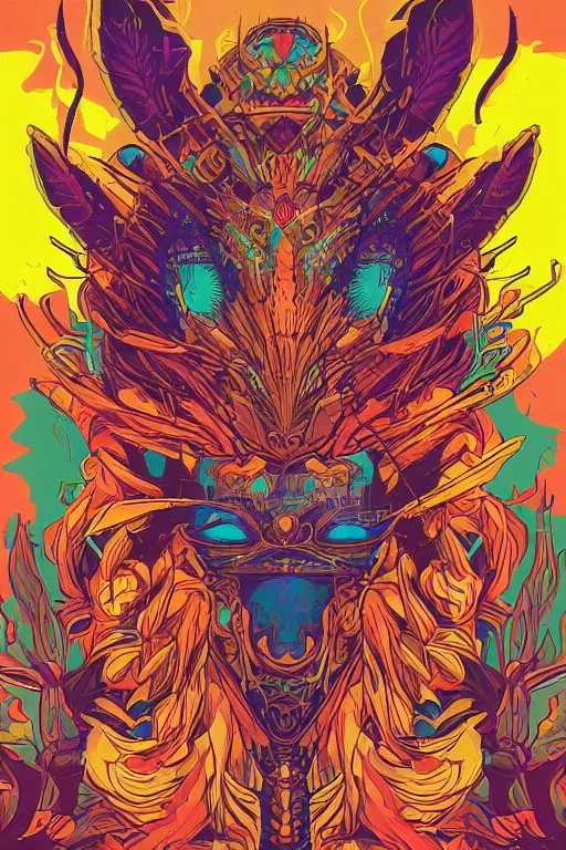 Image similar to animal mask totem roots tribal feather gemstone plant wood rock shaman vodoo video game vector illustration vivid multicolor borderlands comics by josan gonzales and dan mumford radiating a glowing aura