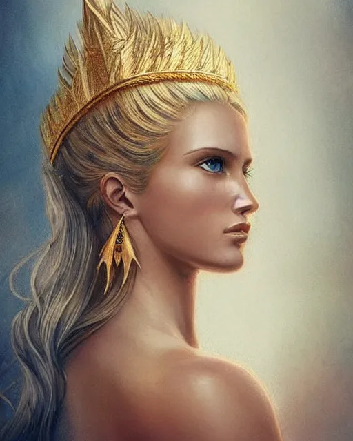 Image similar to tattoo design sketch of hot blonde super model as aphrodite greek goddess wearing a gold laurel wreath and triangle earrings, beautiful piercing gaze with sharp pupils, in the style of greg rutkowski, fantasy, amazing detail, epic, elegant, smooth, sharp focus, front view