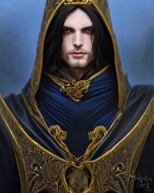 Prompt: handsome mage looking away, long black hair blue eyes wearing leather mantle gothic navy cloak with gold details, castle town, fantasy character portrait, ultra realistic, intricate, elegant, cinematic lighting, highly detailed, digital painting, artstation, smooth, sharp, focus, illustration, art by artgerm and greg rutkowski and alphonse mucha