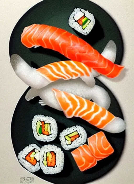 Image similar to clear photorealistic picture of adorable cats made out of sushi