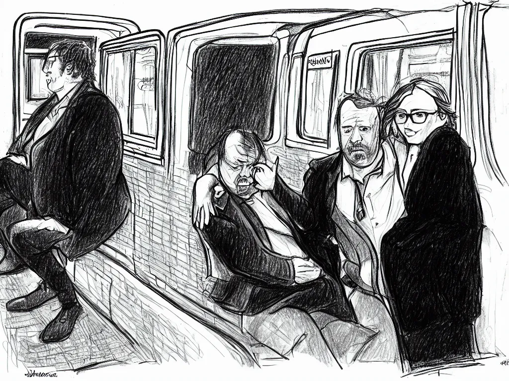 Image similar to a drawing by Jaime Hernandez, a low angle medium shot of two people sitting in an empty Chicago subway train, in front of windows: a sad Aubrey Plaza wearing a winter coat and a man who looks like a mix of (Louis CK and Philip Seymour Hoffman) in a suit