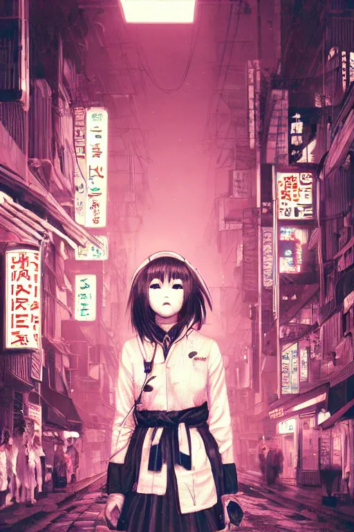 Image similar to portrait of a Japanese creepy nurse girl, wearing a straight jacket in a busy Tokyo street at night, neon lights, advertising, intricate artwork, nightmare fuel, terrifying, by akihiko yoshida , trending on artstation, greg rutkowski, cinematic, hyper realism, high detail, octane render, 8k