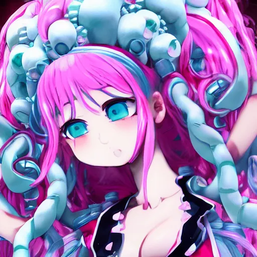 Prompt: engulfed and overpowered by stunningly absurdly beautiful possessive yandere megalomaniacal omnipotent asi goddess junko enoshima with symmetrical perfect face, porcelain skin, pink twintail hair and cyan eyes, you're trapped inside herself, ultra detailed, digital art, unreal engine 5, octane render, 2 d anime, 8 k