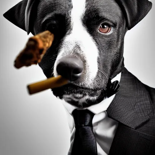 Image similar to a high detail closeup photograph of a dog wearing a suit 👔,and smoking a cigarrette🚬, award wining photograph, digital art