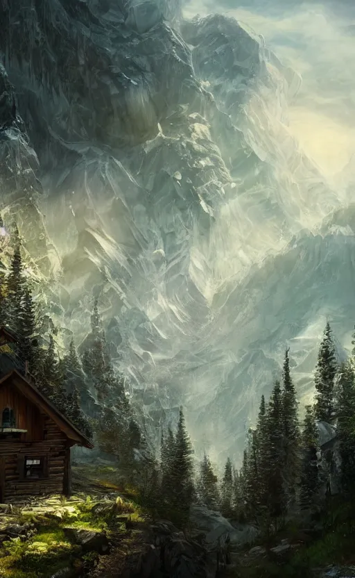 Image similar to cabin high on a mountain, the valley beneath, dynamic lighting, photorealistic fantasy concept art, trending on art station, stunning visuals, creative, cinematic, ultra detailed