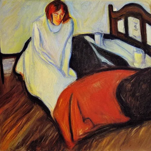 Image similar to lady with brown hair taking up too much space in bed in, oil painting in the style of edvard munch