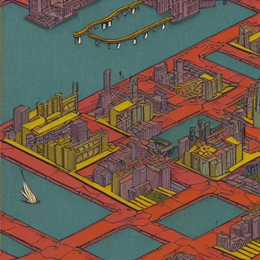 Prompt: 3d isometric scientific illustration of a small city, diego rivera in Ukiyo-e style