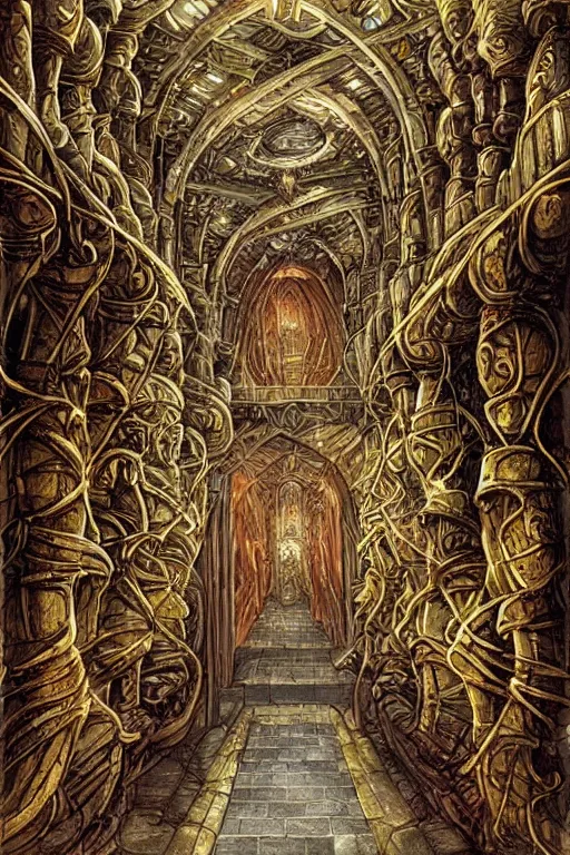 Image similar to the gilded stone halls of the queen of the dwarves | imposing architecture | dungeons and dragons | dwarven kingdom | Terese Nielsen