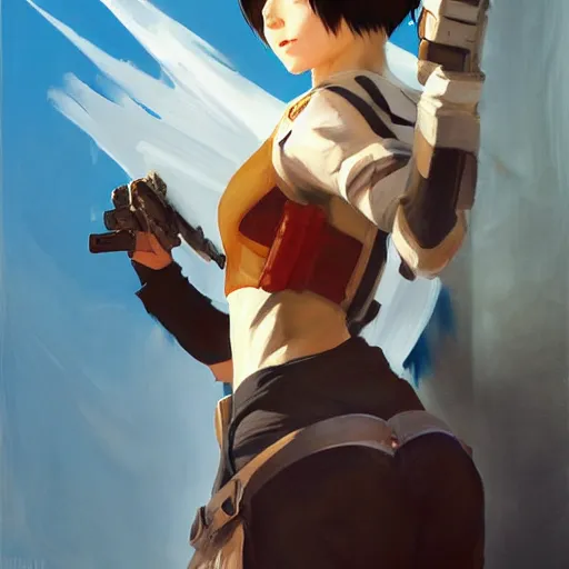 Prompt: greg manchess portrait painting of mikasa ackerman as overwatch character, medium shot, asymmetrical, profile picture, organic painting, sunny day, matte painting, bold shapes, hard edges, street art, trending on artstation, by huang guangjian and gil elvgren and sachin teng