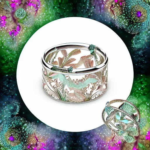 Image similar to intricate! organic, nordic wedding ring, necklace, gemstones, dreamy floral background, refraction, occlusion, lower and upper levels, octane render, vray render