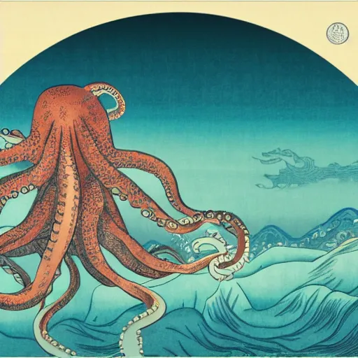 Image similar to CGI of giant octopus overlayed on ocean ukiyo-e background