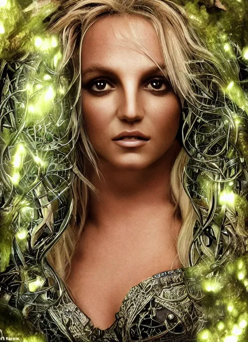 Image similar to Beautiful , Looks like Britney Spears, In the woods, Dramatic, Edge, Good, Infused, Backlight, De-Noise, VFX, insanely detailed and intricate, hypermaximalist, elegant, ornate, hyper realistic, super detailed