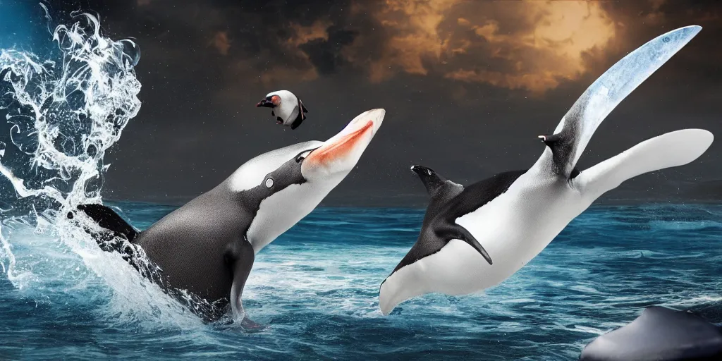 Image similar to the coolest penguin in the world, surfing on a shark, smoking a gigantic joint, realistic 4 k octane beautifully detailed render, 4 k post - processing, highly detailed, intricate complexity, epic composition, magical atmosphere, cinematic lighting, masterpiece, ultra hd