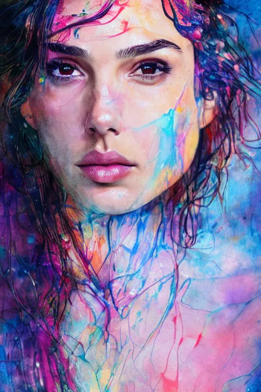 Prompt: gal gadot by agnes cecile enki bilal moebius, intricated details, sitting on table, full body portrait, extremely luminous bright design, pastel colours, drips, autumn lights