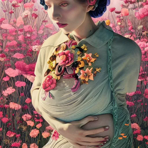 Prompt: pretty pregnant model with flowers : : by martine johanna and simon stalenhag and chie yoshii and casey weldon and wlop : : ornate, dynamic, particulate, rich colors, intricate, elegant, highly detailed, vogue, harper's bazaar art, fashion magazine, smooth, sharp focus, 8 k, octane render