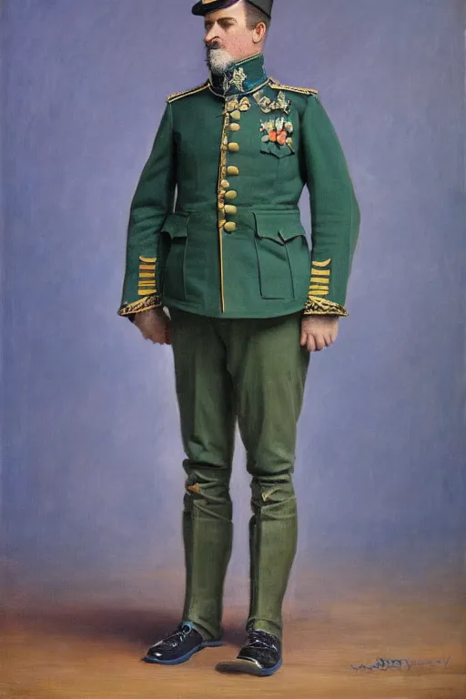 Image similar to full body portrait of the dictator of the minnesota timberwolves, 1 8 8 9, in full military garb, midnight blue, lake blue, moonlight grey and aurora green, oil on canvas by william sidney mount, trending on artstation