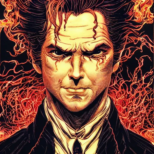 Prompt: portrait of john constantine in hell, symmetrical, by yoichi hatakenaka, masamune shirow, josan gonzales and dan mumford, ayami kojima, takato yamamoto, barclay shaw, karol bak, yukito kishiro