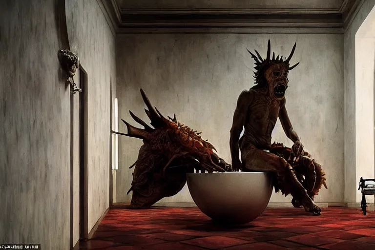 Image similar to hyperrealism aesthetic ridley scott and caravaggio and denis villeneuve style photography of a detailed giant, siting on a detailed ultra huge toilet in surreal scene from detailed art house movie in style of alejandro jodorowsky and wes anderson