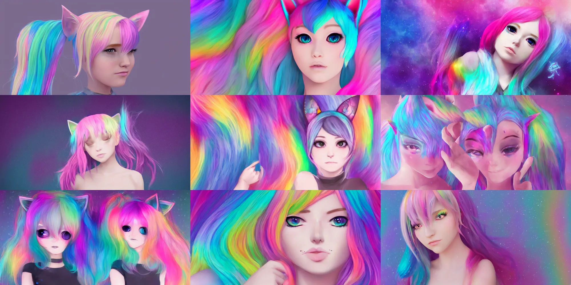 Prompt: beautiful pastel rainbow haired girl, cat ears, metahuman in artstation, kawaii background