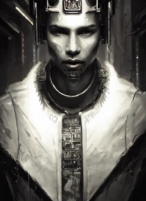 Image similar to a portrait of a king, cyberpunk, grim - lighting, high - contrast, intricate, elegant, highly detailed, digital painting, artstation, concept art, smooth, sharp focus, illustration