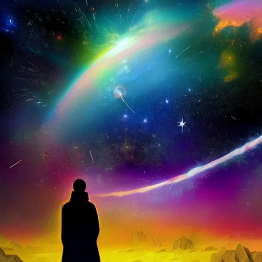 Prompt: a futuristic wanderer gazing into a universe full of mystical colorful light nebulae and galaxies in the style artstyle of caspar david friedrich, mythic color scheme