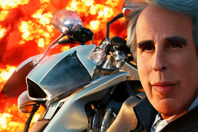 Prompt: henry winkler without a helmet, close up, racing a motorcycle in the fast and the furious movie, explosions, octane render, 4 k, hyper realistic, cinematic lighting