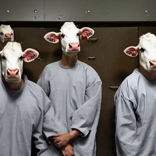 Image similar to inmates wearing cow heads inside a jailcell