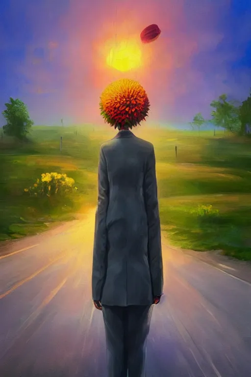 Image similar to portrait giant dahlia flower head, frontal, girl in a suit, standing in street, surreal photography, sunrise, dramatic light, impressionist painting, digital painting, artstation, simon stalenhag