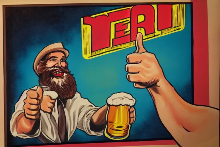 Image similar to a man holding a beer giving a thumbs up with a long beard, artwork in the style of 80's movie poster airbrushing