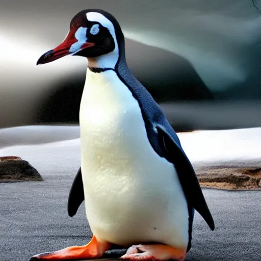 Image similar to a real footage of a new animal species, a mix hybdrid between a penguin body, a giraffe neck, hyperdetailed mix, photomanipulation