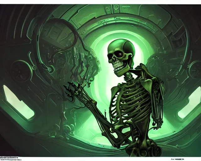 Image similar to portrait of a cybernetic skeleton, bottom up green lighting, deep focus, d & d, fantasy, intricate, elegant, highly detailed, digital painting, artstation, concept art, matte, sharp focus, illustration, hearthstone, art by artgerm and greg rutkowski and alphonse mucha