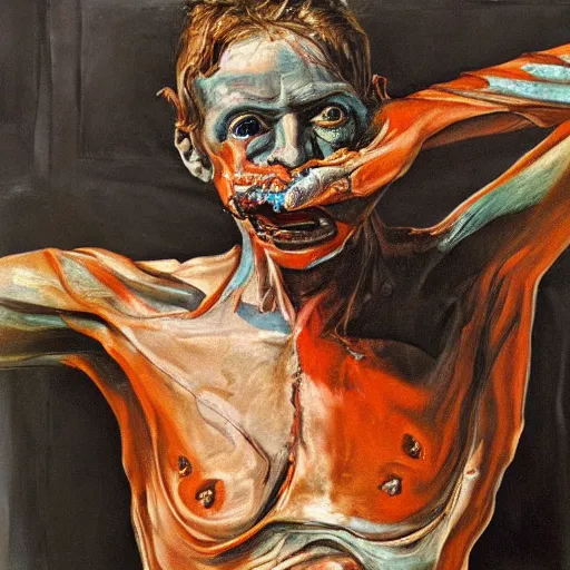 Prompt: high quality high detail painting of a dark figure in agony by lucian freud and jenny saville and francis bacon, hd, dark demonic dancer, turquoise and orange