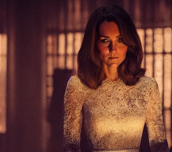 Image similar to a pov shot, color cinema film still kate middleton wearing a white lace dress in blade runner 2 0 4 9, cinematic lighting at night.