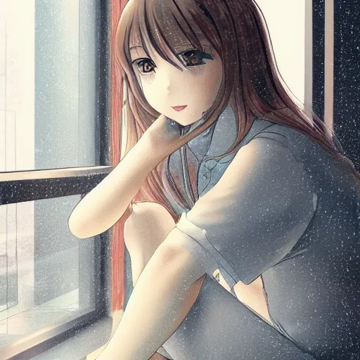 Image similar to girl sitting nearby a windowing, rainy outside, detailed, very anime, very fine face, strong lighting, by artists.