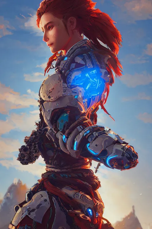 Image similar to combination suit armor aloy horizon forbidden west horizon zero dawn radiating a glowing aura global illumination ray tracing hdr fanart arstation by ian pesty and alena aenami artworks in 4 k tribal robot ninja mask helmet backpack