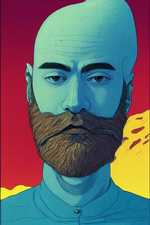 Image similar to a colorful closeup portrait of a beautiful young bald man with a very long wild beard dreaming psychedelic hallucinations in the vast icy landscape of antarctica, by kawase hasui, moebius and edward hopper, colorful flat surreal design, hd, 8 k, artstation