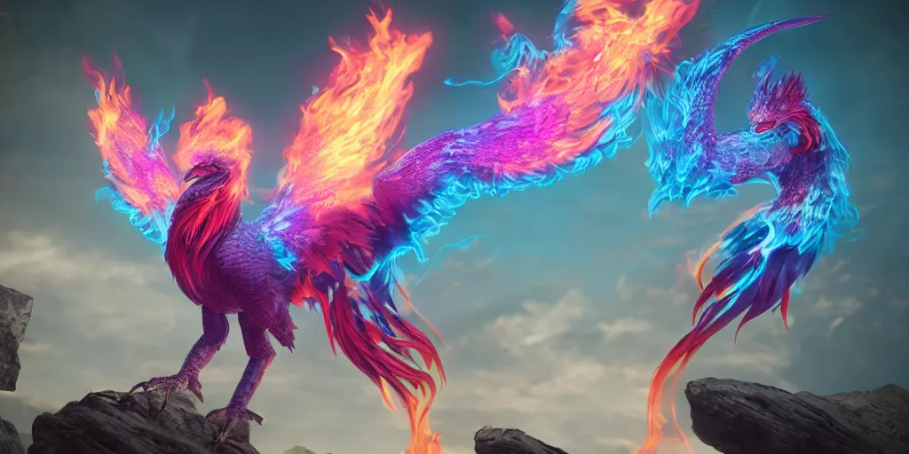 Image similar to pink and blue anthro flaming phoenix, character portrait, unreal engine 5, intricate, detailed, realistic, masterpiece