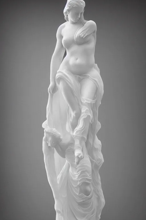 Prompt: full body translucent marble statue of a young woman wearing an billowing dress, inside a white marble temple with colums, in the style of irakli nadar, soft lighting, film photography, high detail, not cropped
