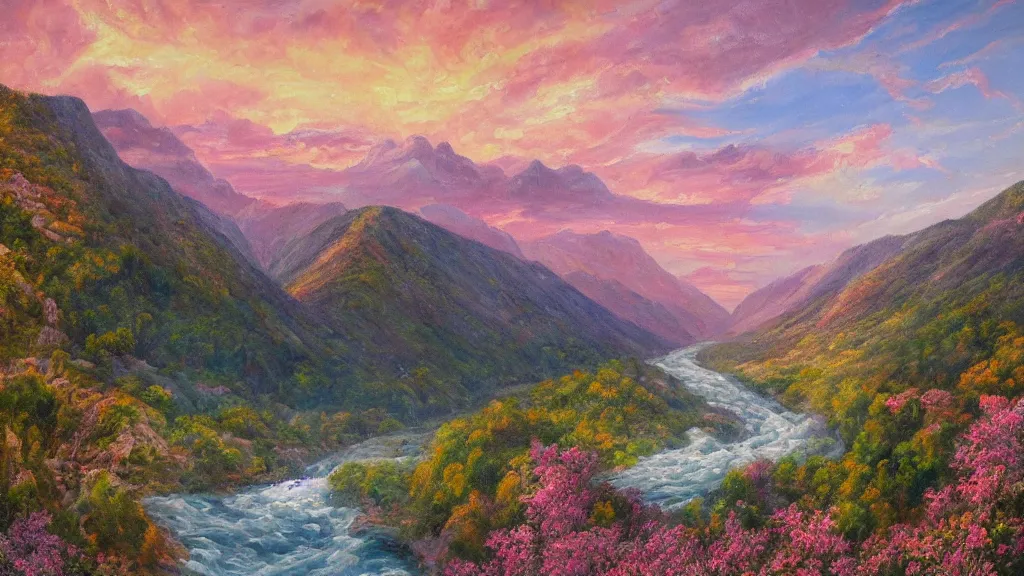 Image similar to The most beautiful panoramic landscape, oil painting, where a giant dreamy waterfall creates a river, it is winding its way through the valley and the trees are starting to bloom in pink colors, the mountains are towering over the valley below their peaks shrouded in mist, the sun is just peeking over the horizon producing an awesome flare and the sky is ablaze with warm colors and stratus clouds, by Greg Rutkowski, aerial view